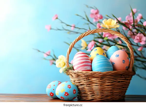 Easter Eggs in a Basket with Spring Flowers