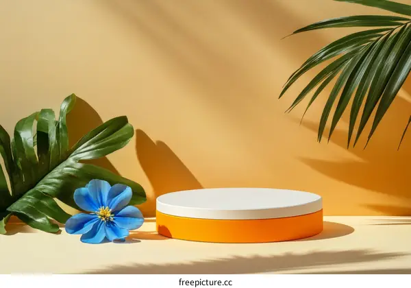 Stylish Display Podium with Tropical Plants and Flower