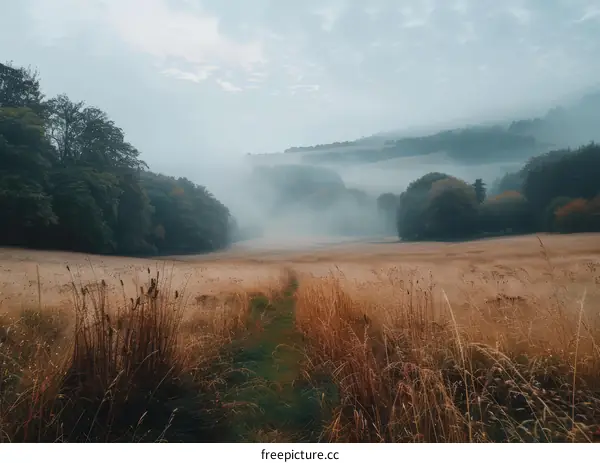 Misty field with trees in the distance