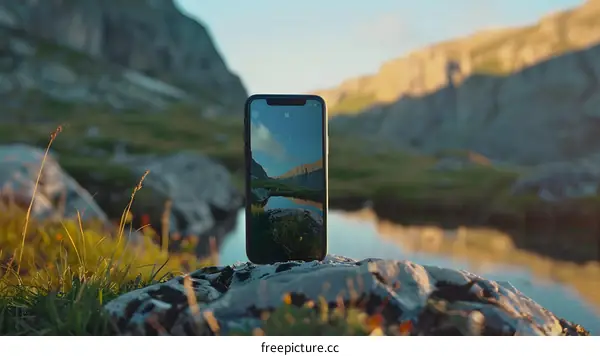 Smartphone With Mountain Landscape On Screen Standing On Rock