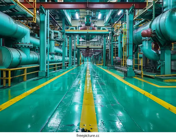 Industrial building interior with green and yellow pipes and catwalks