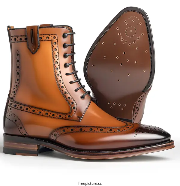 A brown leather boot with brogueing and a cap toe