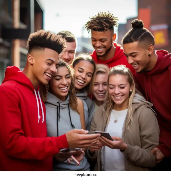 A group of diverse young people are laughing and looking at something on a smartphone.
