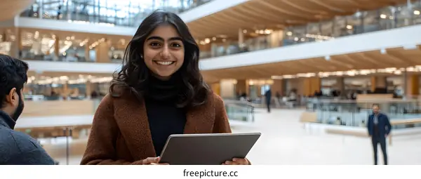 Smiling Woman Holding Tablet in Modern Office Building