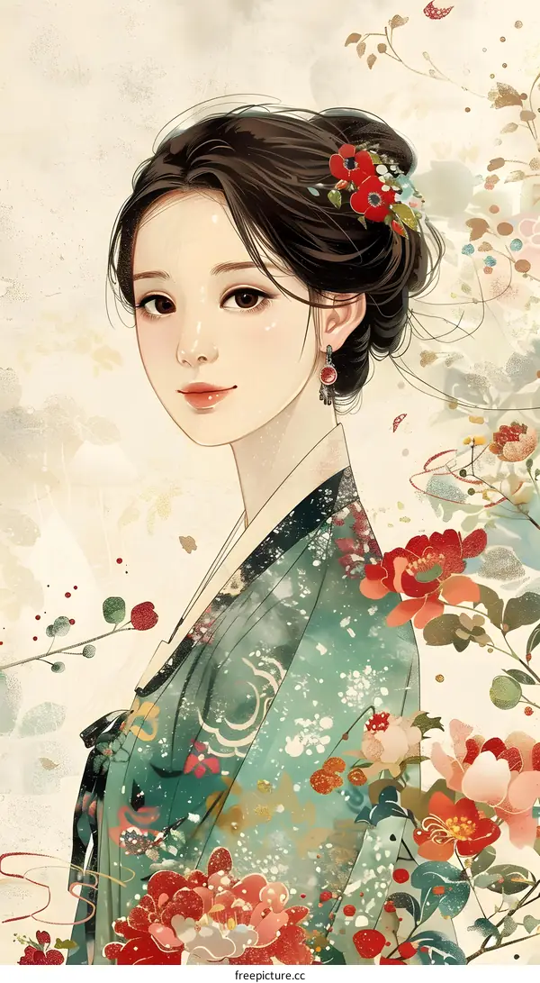 Beautiful Asian Woman in Traditional Dress with Flowers