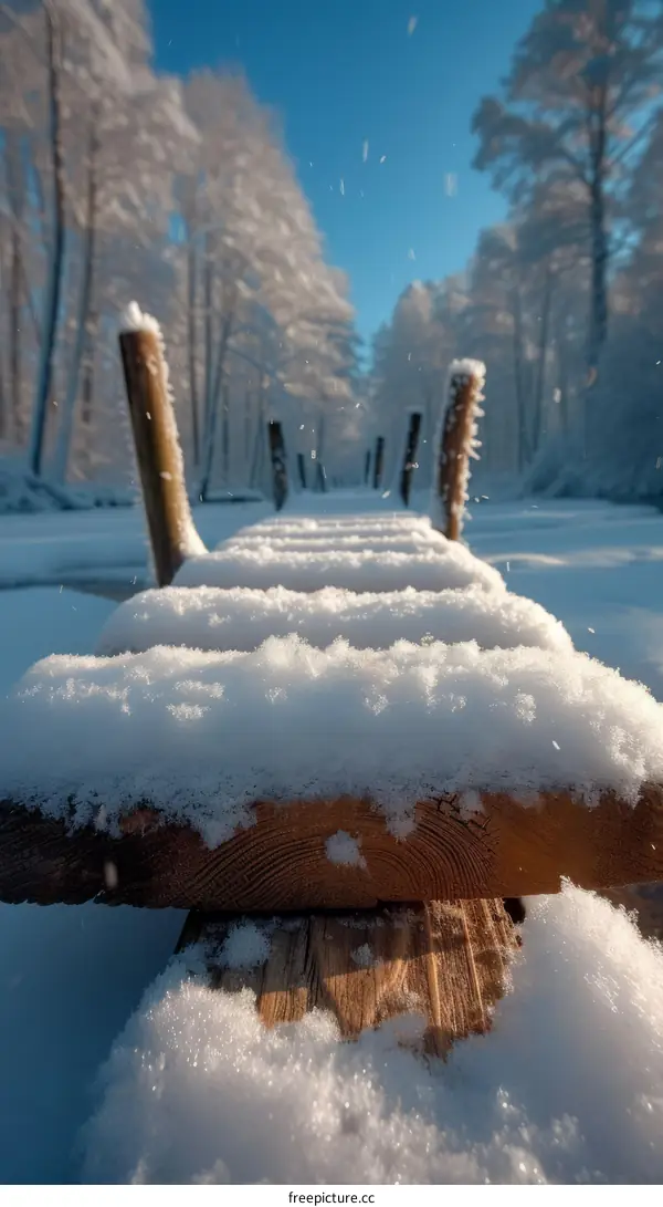 Wooden walkway covered in snow in a winter forest