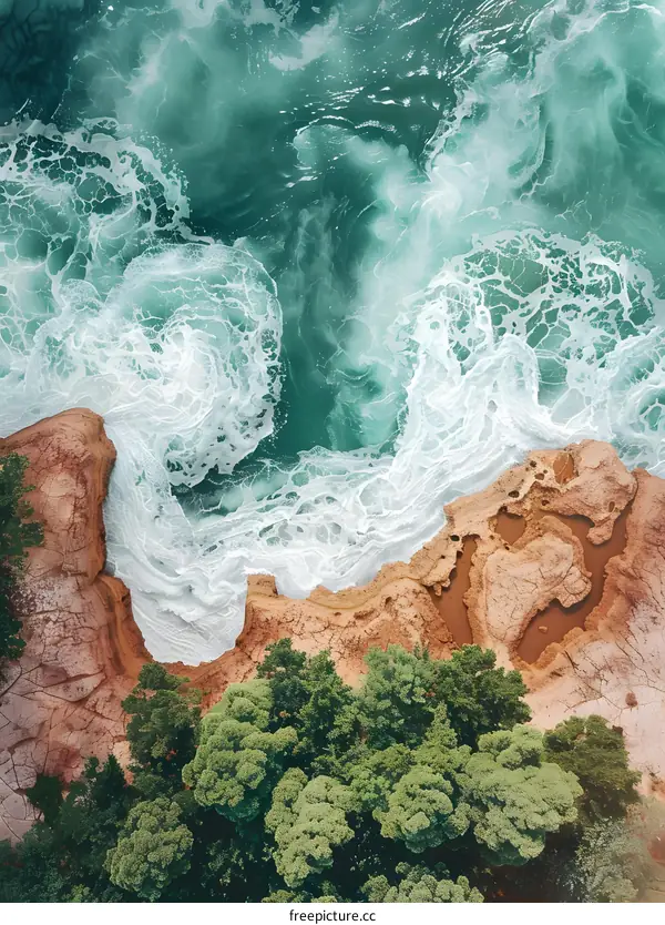 Aerial View of Ocean Waves Crashing on Rocky Coastline