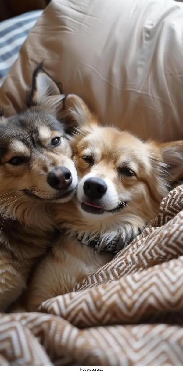 Two dogs cuddling on a bed