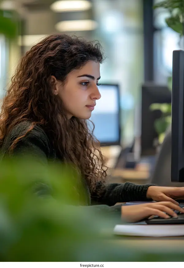 Young Woman Working on Computer in Modern Office