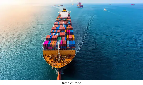 Container Ship Sailing on the Ocean with Smaller Vessels in the Distance