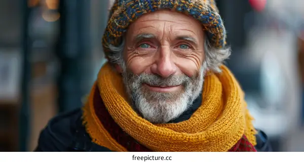 Portrait of a Smiling Senior Man Wearing a Knitted Hat and Scarf