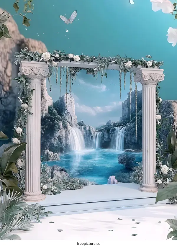 Waterfall Background With White Pillars And Greenery