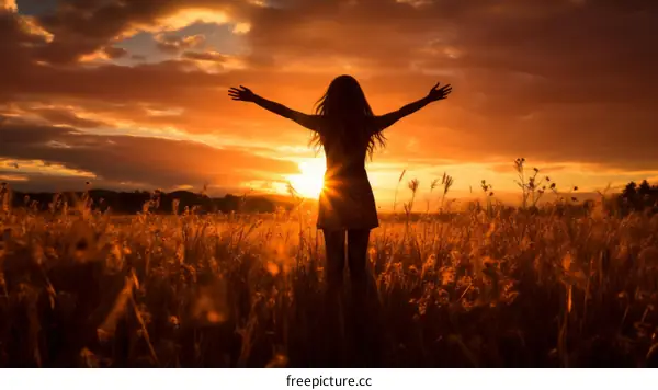 carefree woman standing with arms outstretched in a field of wheat enjoying the sunset