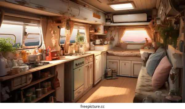 Cozy Kitchen Interior of a Vintage Camper Van