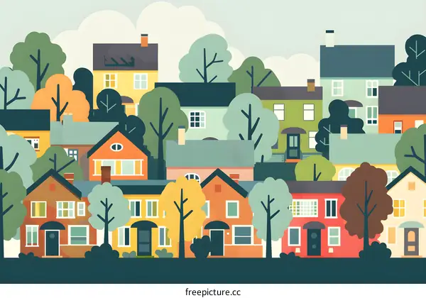 Colorful Illustration of a Suburban Neighborhood with Houses and Trees