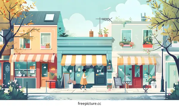 A woman walking past a row of shops