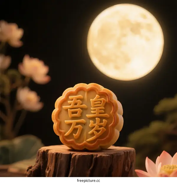 Mid Autumn Festival mooncake with Chinese characters under full moon