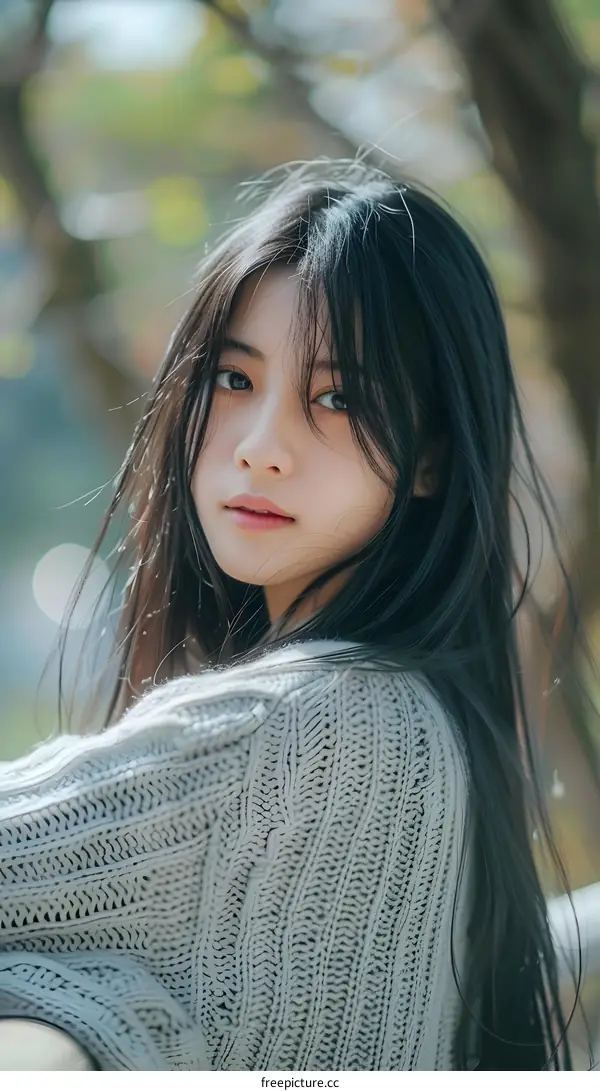 Portrait of a Young Asian Woman with Long Black Hair Wearing a Knit Sweater