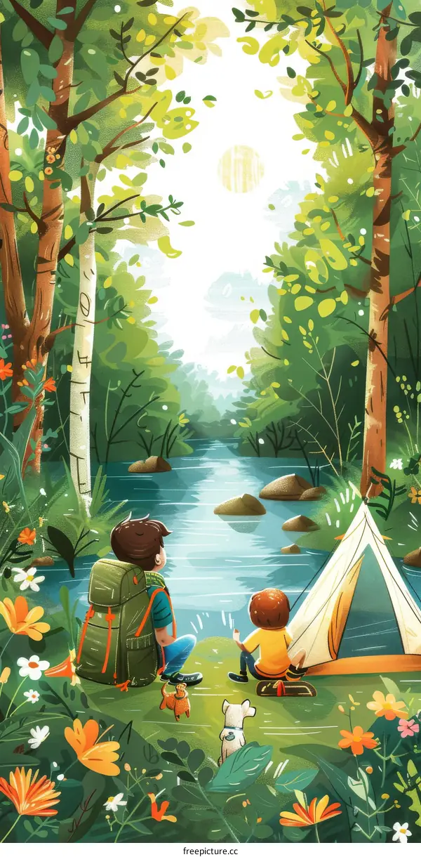 A boy and his father are camping in the forest