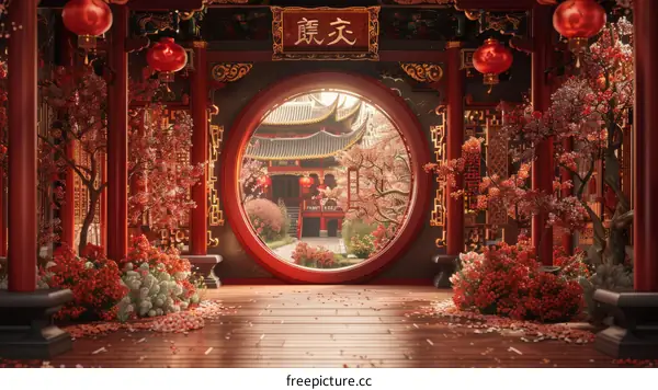 Traditional Chinese Courtyard with Red Walls and Round Gate