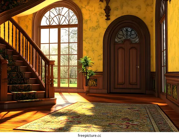 Elegant Interior Design with Wooden Staircase and Arched Doorway