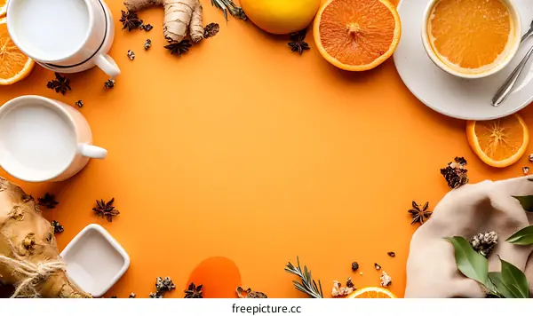 Orange and Ginger Tea Flatlay with Copy Space