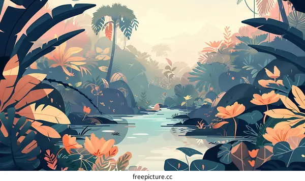 Jungle Landscape with River and Tropical Plants Illustration