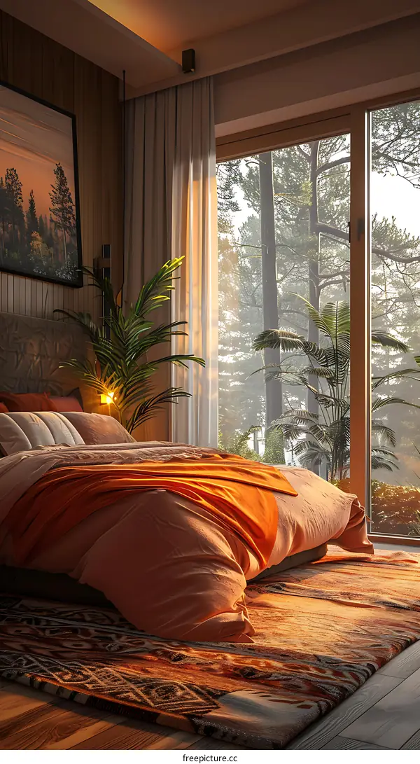Modern bedroom interior with large windows and a view of the forest