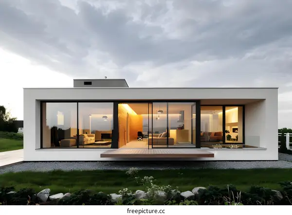 Modern Minimalist White House with Large Glass Windows and Wooden Deck