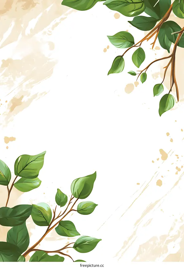 Green Leaves on White Background with Beige Watercolor Splashes