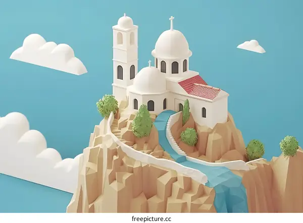 White Church on a Cliff with Blue Sky and Clouds