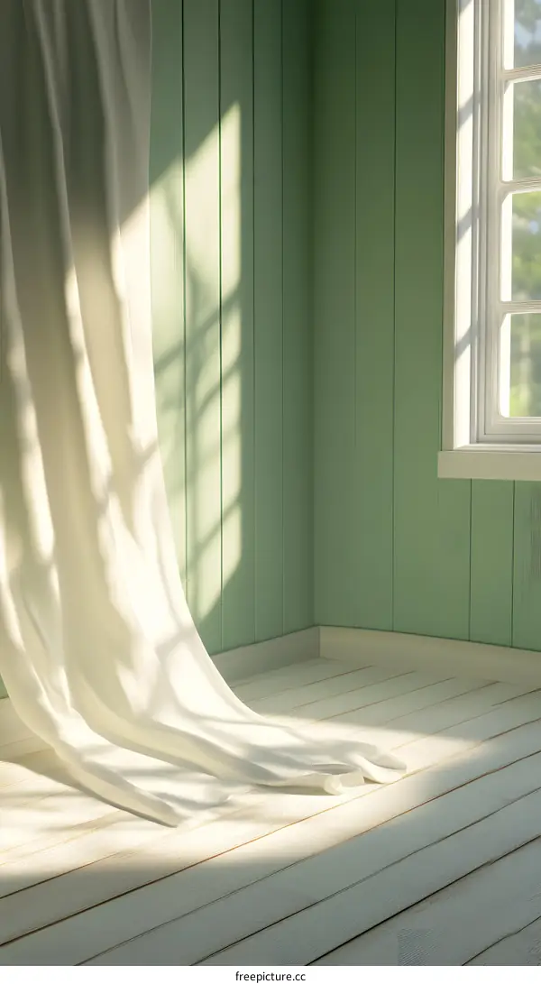 White Curtain Draped in a Corner of Room with Green Walls and Wood Floor
