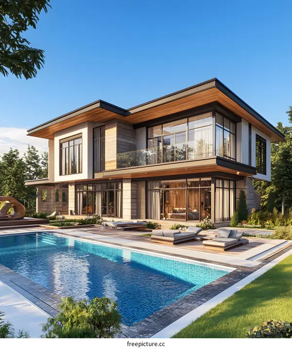 Modern House with Swimming Pool and Green Garden