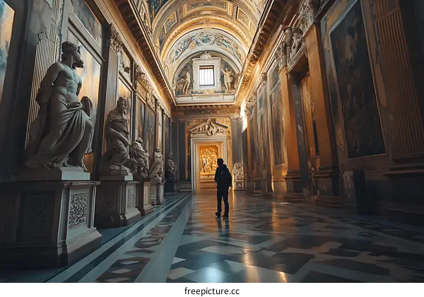 A Person Stands In A Hallway Of Statues And Paintings Inside Of A Palace