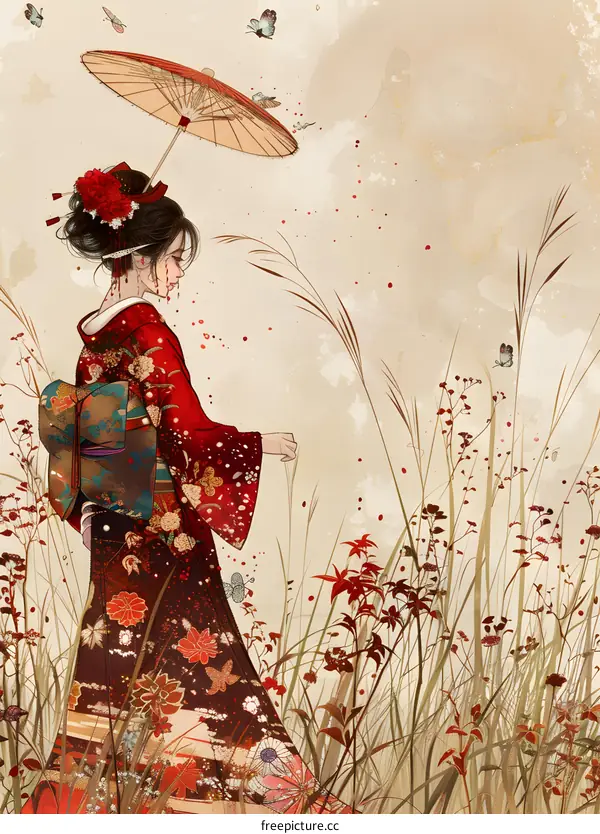 A woman in a red kimono walking in a field of flowers
