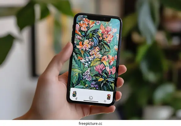 Hand Holding a Smartphone Displaying Floral Artwork