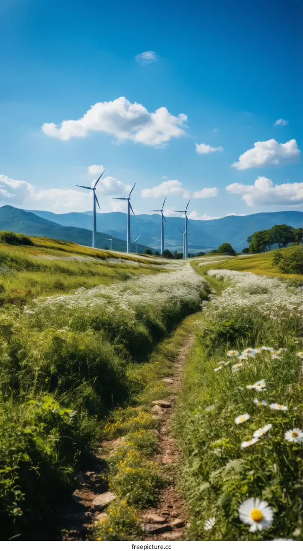 Wind turbines in a green field