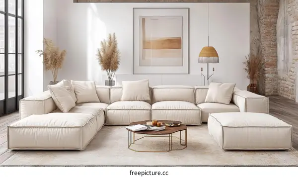 Modern Beige Sectional Sofa Living Room Design