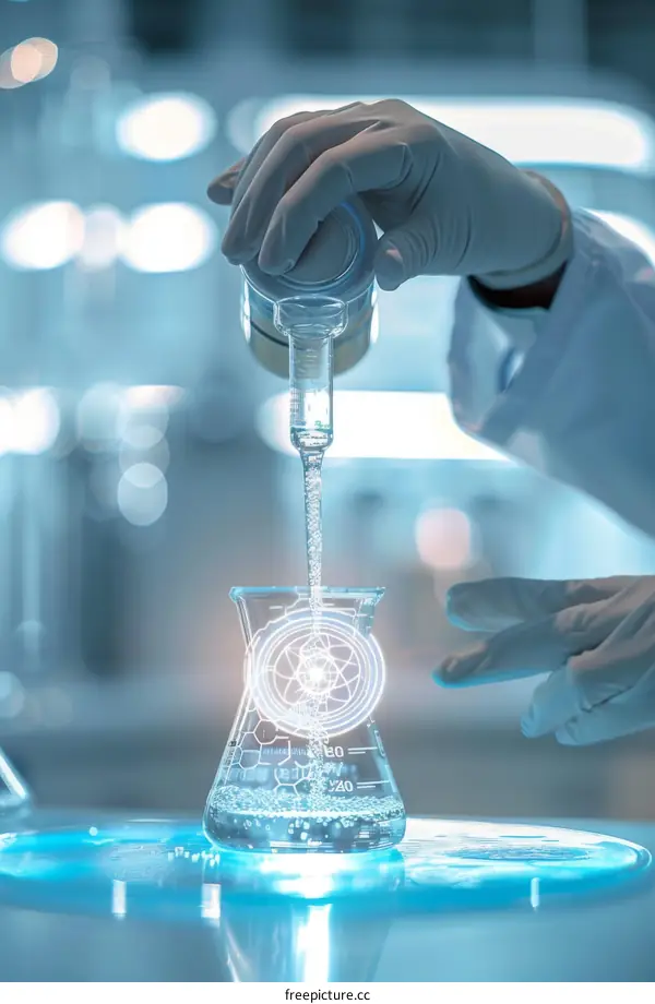 Scientist wearing gloves carefully滴定试剂到烧杯里