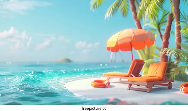 Relaxing Tropical Island Getaway with Beach Chairs and Umbrella