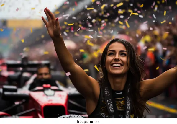 Ecstatic female Formula 1 grid girl celebrates race win
