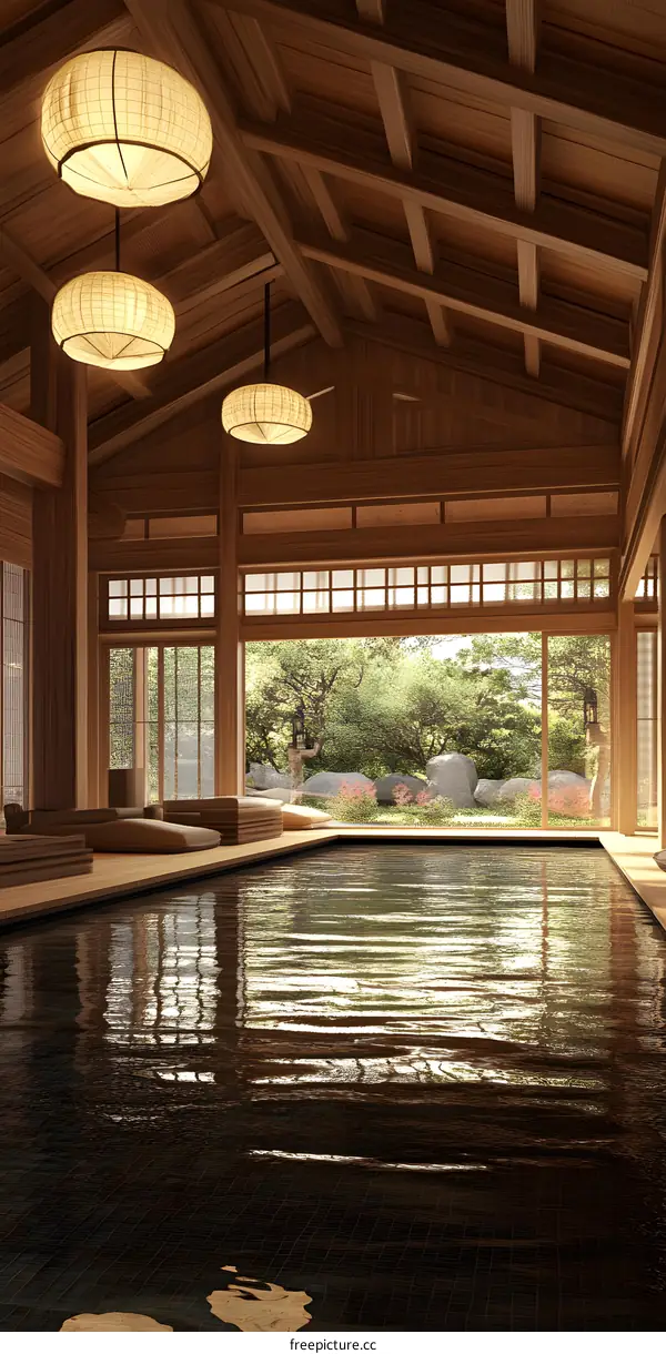 Japanese Style Indoor Swimming Pool With Wooden Ceiling