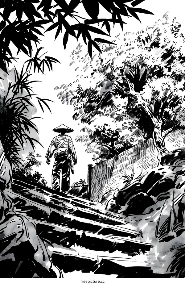 Ink Illustration of a Person in a Hat Walking Through a Forest