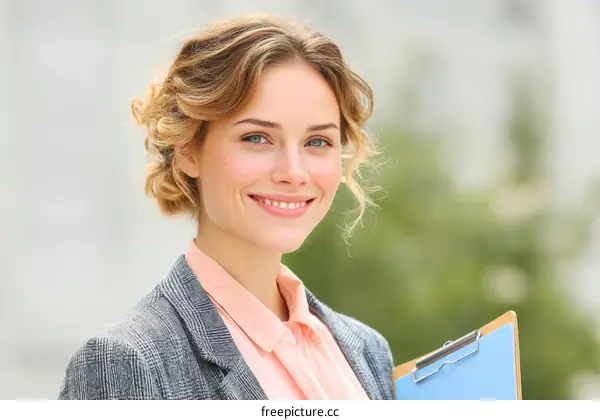 Smiling Caucasian Woman Holding Clipboard Outdoors