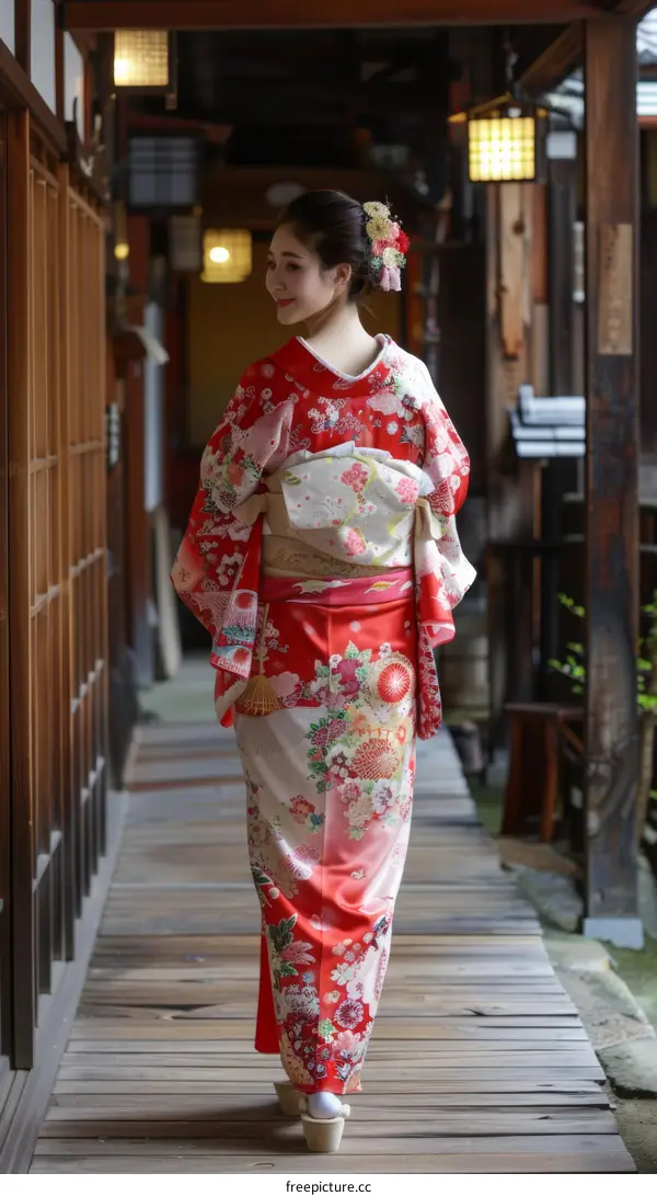 A woman wearing a kimono is walking away from the camera