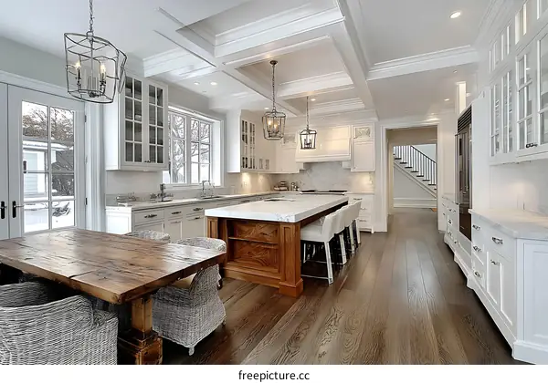 Elegant White Kitchen with Wooden Table