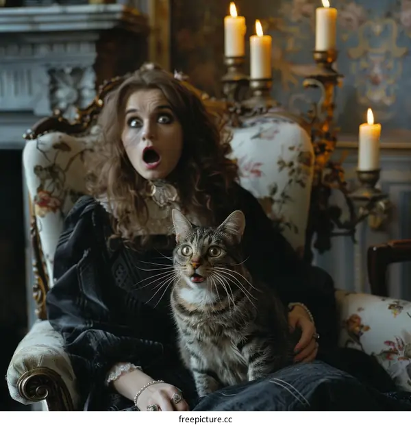 A surprised young woman in a black dress is sitting on a chair with a cat