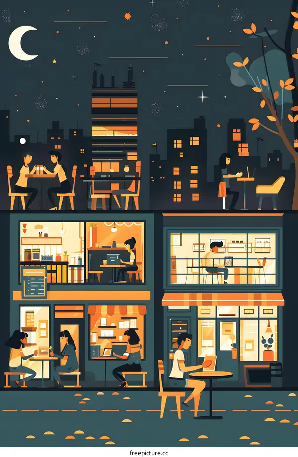 Night City Cafe Illustration with People Sitting at Tables