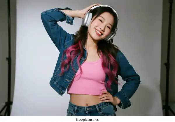 Young Woman Wearing Headphones and Denim Jacket