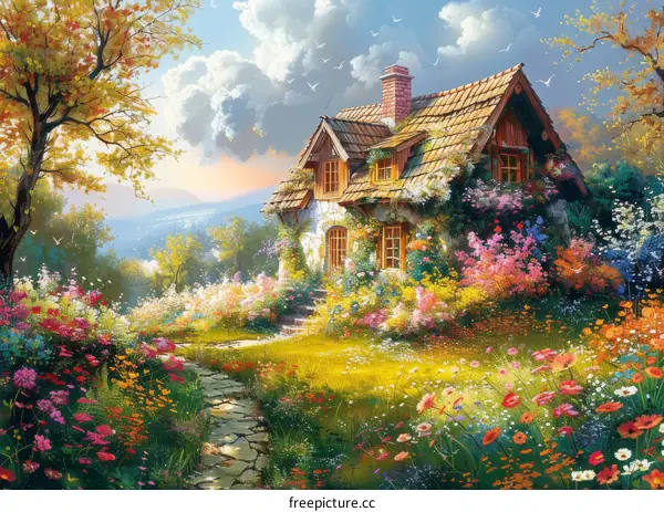 Enchanted Cottage Nestled Amidst a Sea of Blossoms